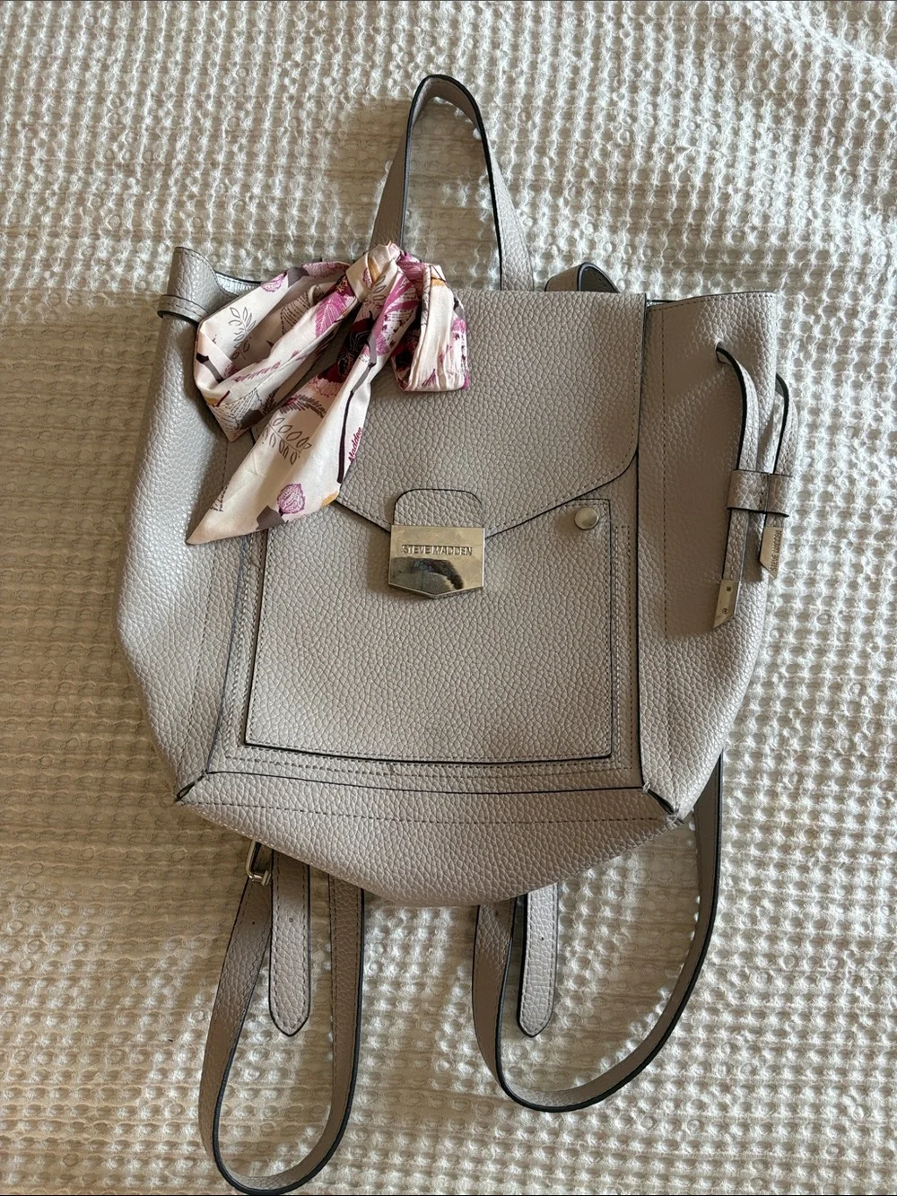 Steve Madden Pebbled Taupe Convertible Backpack Tote with Floral Scarf